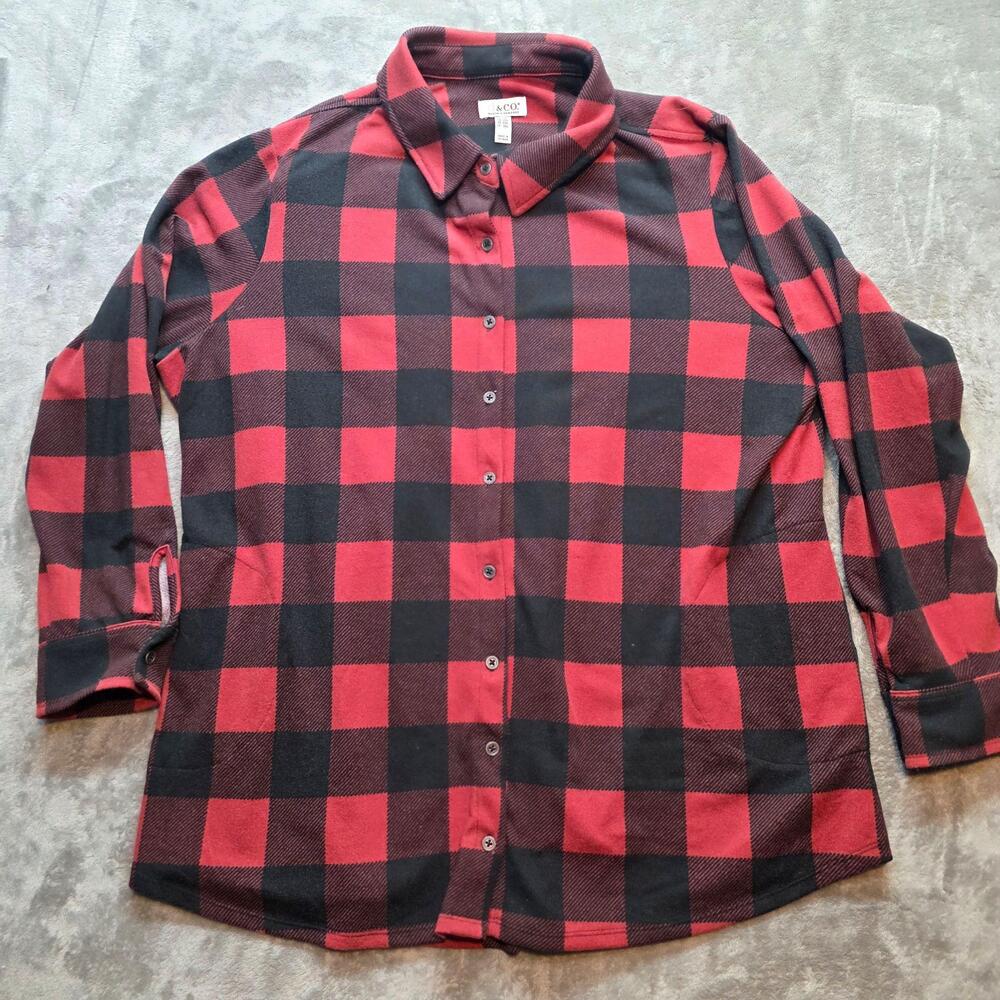 D&co Denim + Company Button Up Shirt Womens 2X Red Plaid Tunic Long Sleeve Knit
